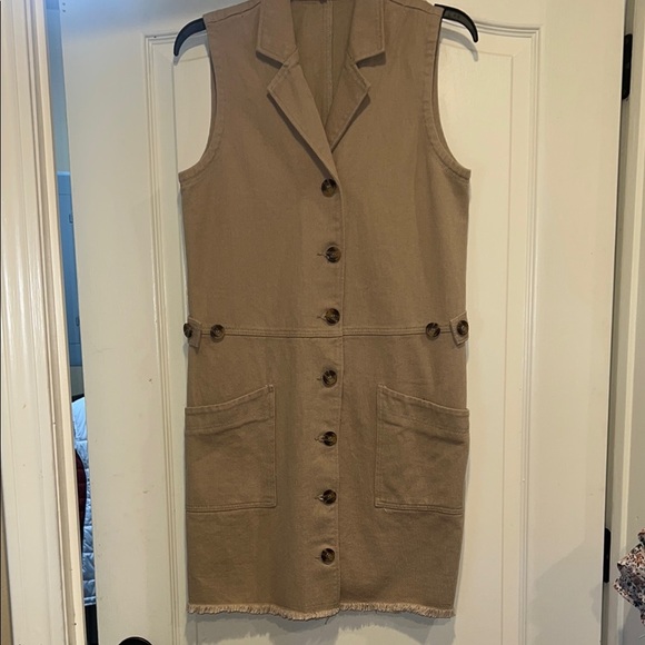 Carly Jean Los Angeles Tan Button-Down Sleeveless Vest Dress - Picture 1 of 5